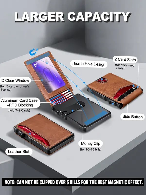 ⚡70K+ SOLD!-Wallet for Men - with Pop Up Aluminum Case Money Clip Slim Leather Slots Credit Card Holder RFID Blocking Bifold Minimalist Wallet
