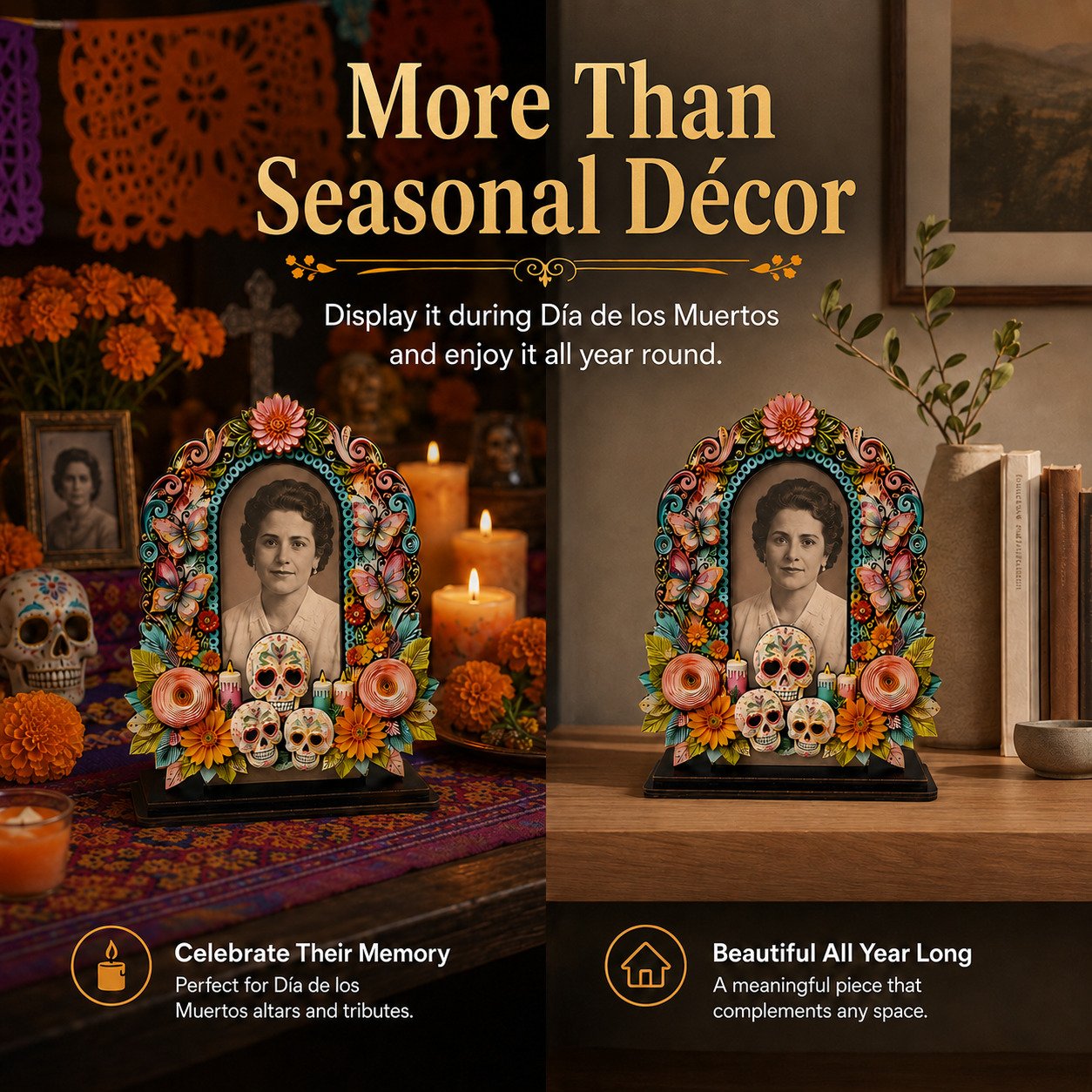 Día de los Muertos photo display for seasonal and year round decor