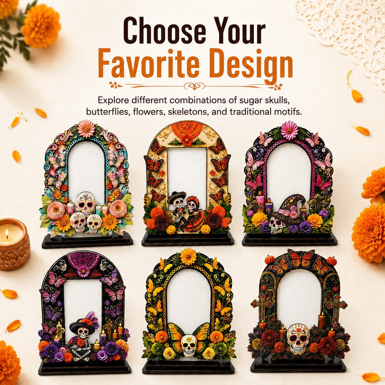Multiple Día de los Muertos wooden memorial photo frame designs