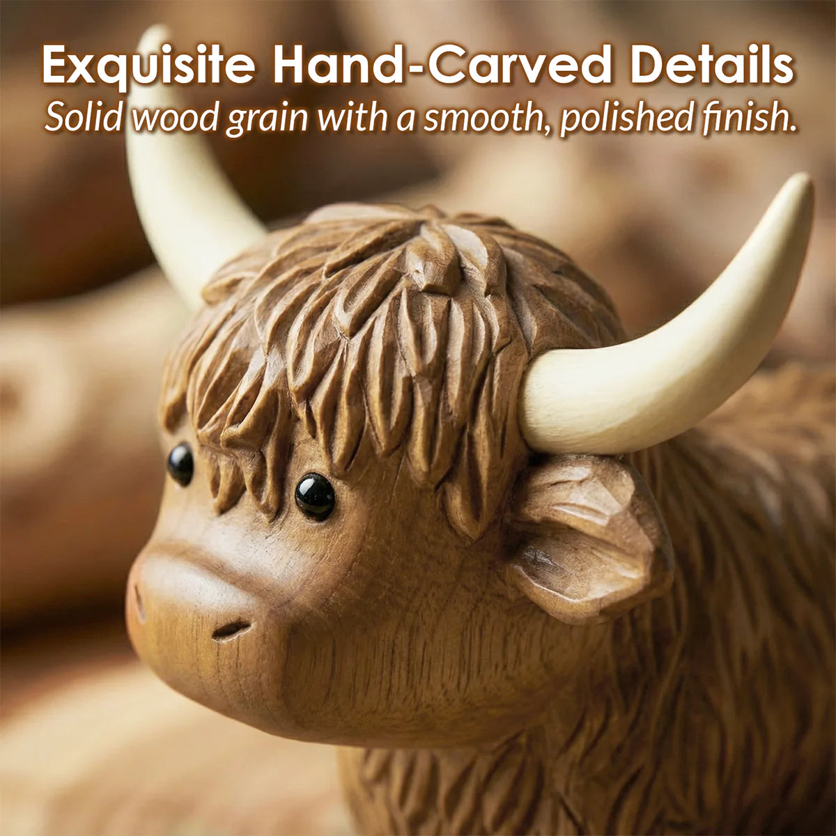 Wooden Highland Cow Figurine - Farmhouse Decor & Unique Gift (3.5")