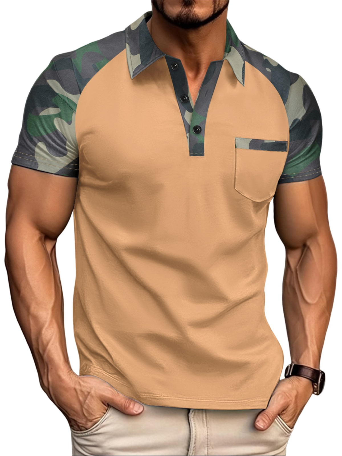 Herren Retro Outdoor Poloshirt mit Camouflage- und Colorblock-Design, kurzärmelig