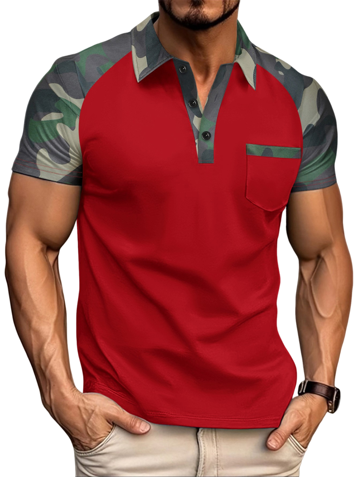 Herren Retro Outdoor Poloshirt mit Camouflage- und Colorblock-Design, kurzärmelig