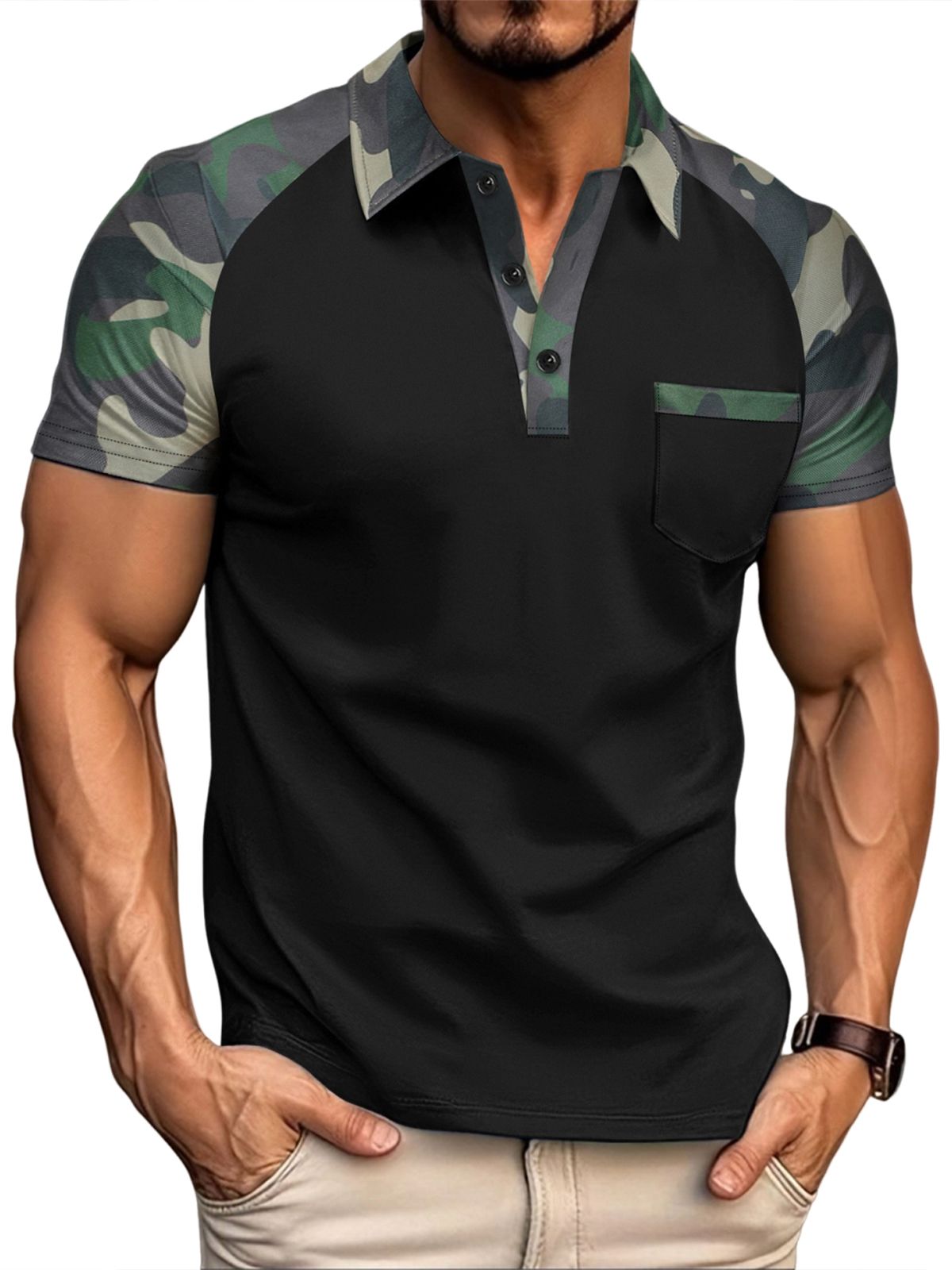Herren Retro Outdoor Poloshirt mit Camouflage- und Colorblock-Design, kurzärmelig