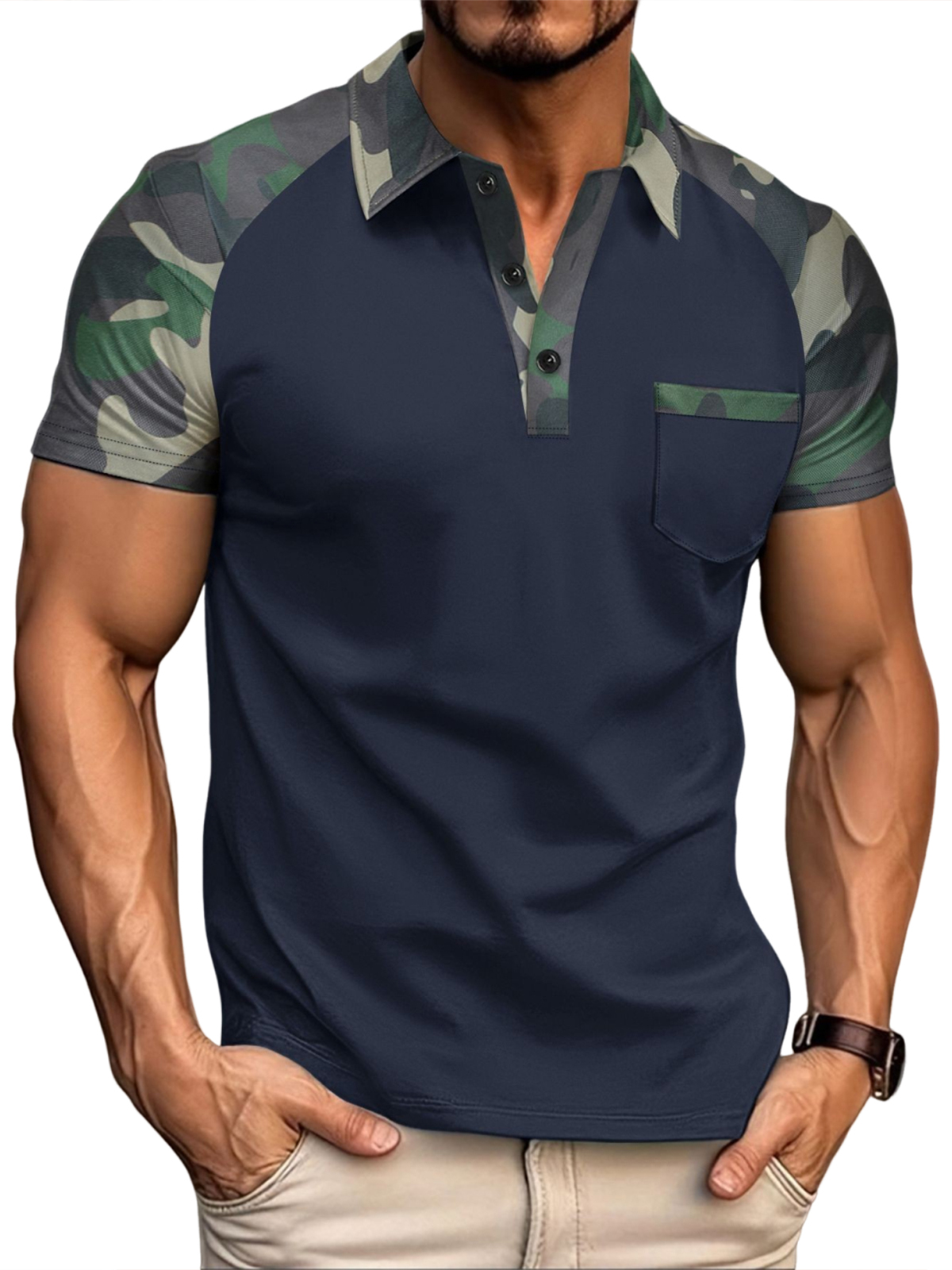 Herren Retro Outdoor Poloshirt mit Camouflage- und Colorblock-Design, kurzärmelig
