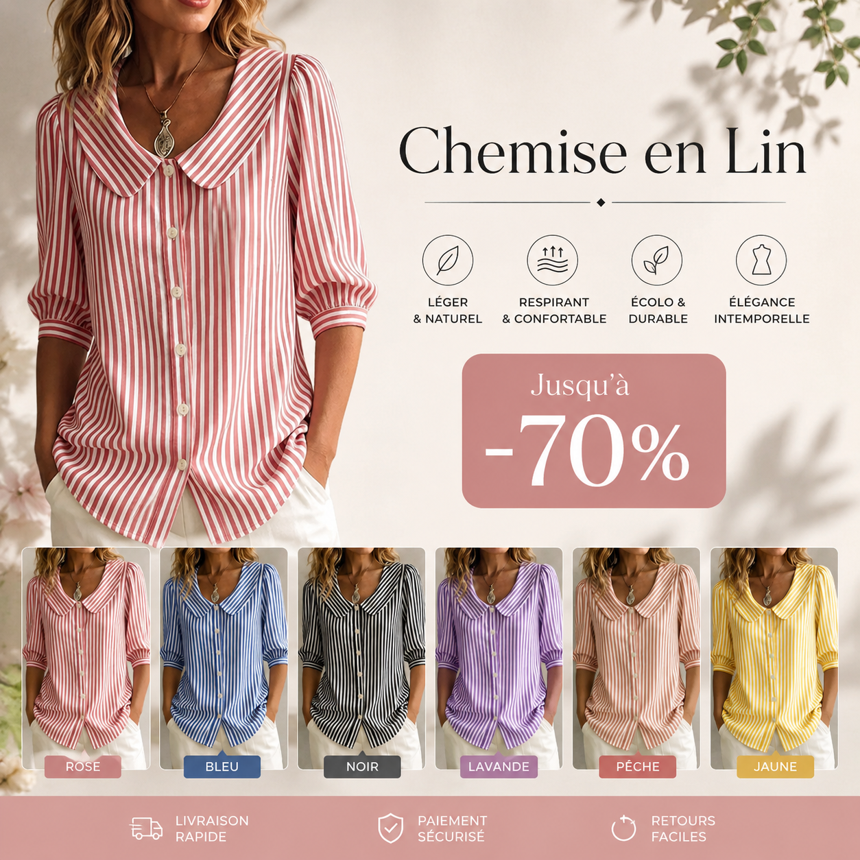 ❤ Nouveautés🔥 Chemisier femme rétro col Claudine en coton-lin rayé