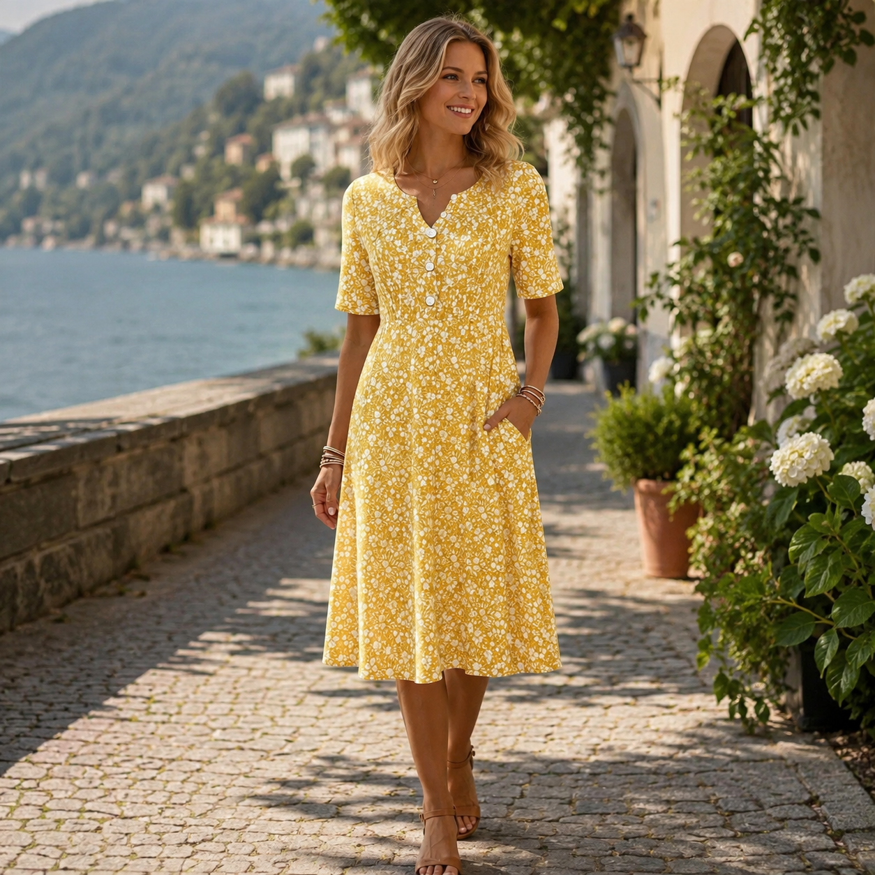 🌸 Feminines V-Ausschnitt-Midikleid mit Knopfdetails, betonter Taille & schwingendem Rock ✨👗