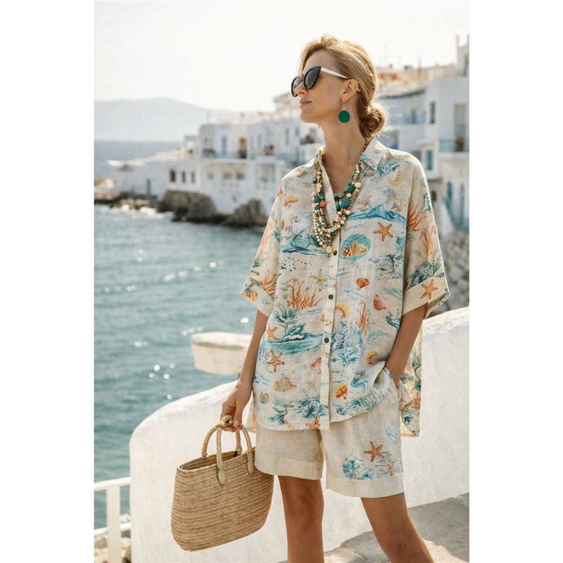 Ensemble chemise et short pour femme en coton et lin