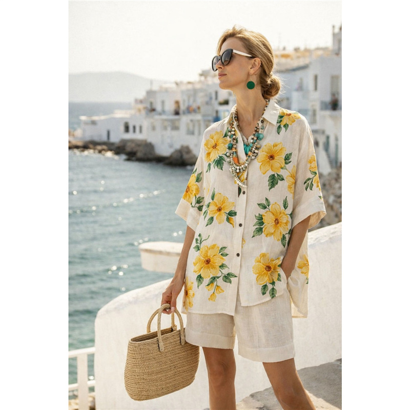 Ensemble chemise et short pour femme en coton et lin