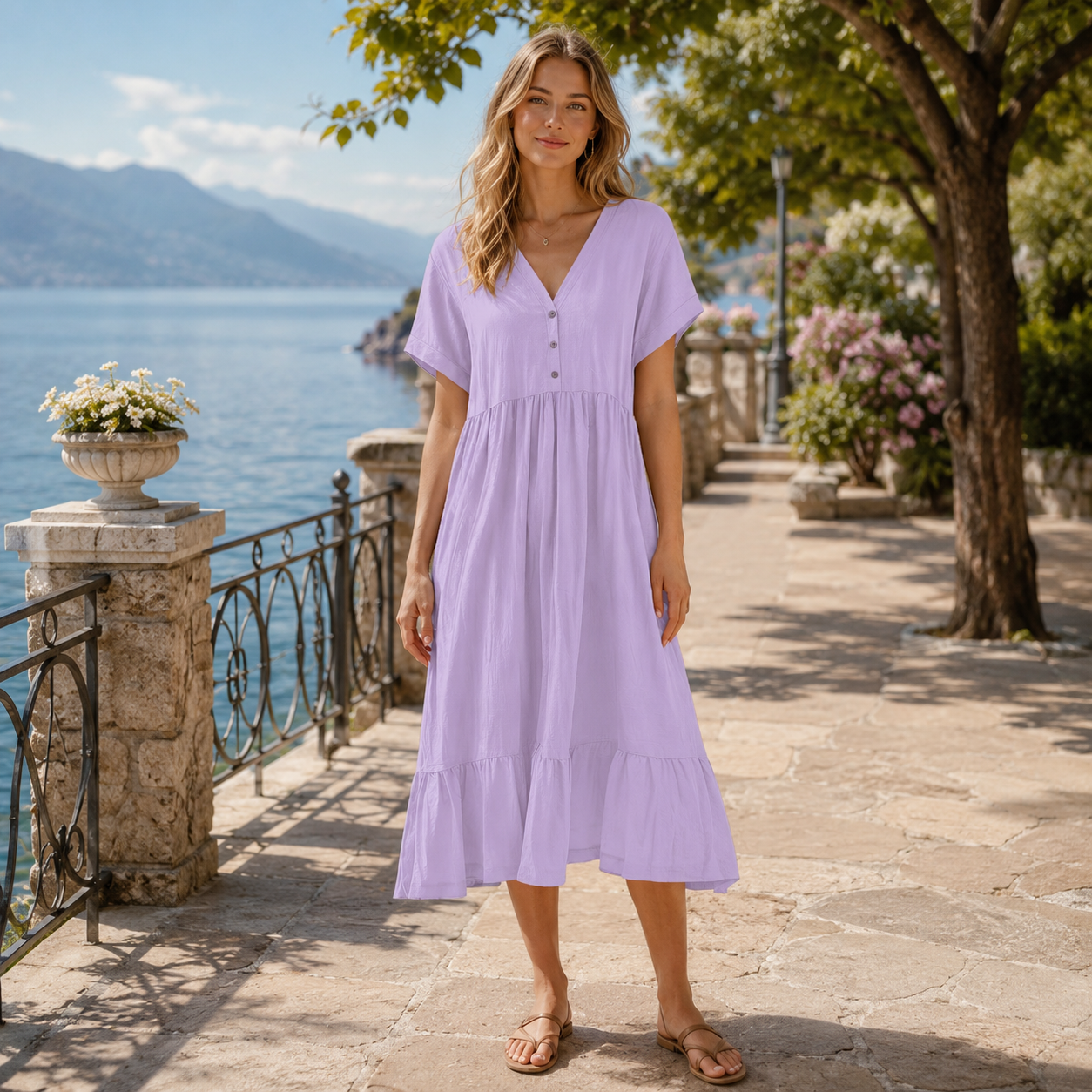 🌿 Luftiges V-Ausschnitt-Kleid mit Knopfleiste & schwingendem Volantsaum ✨