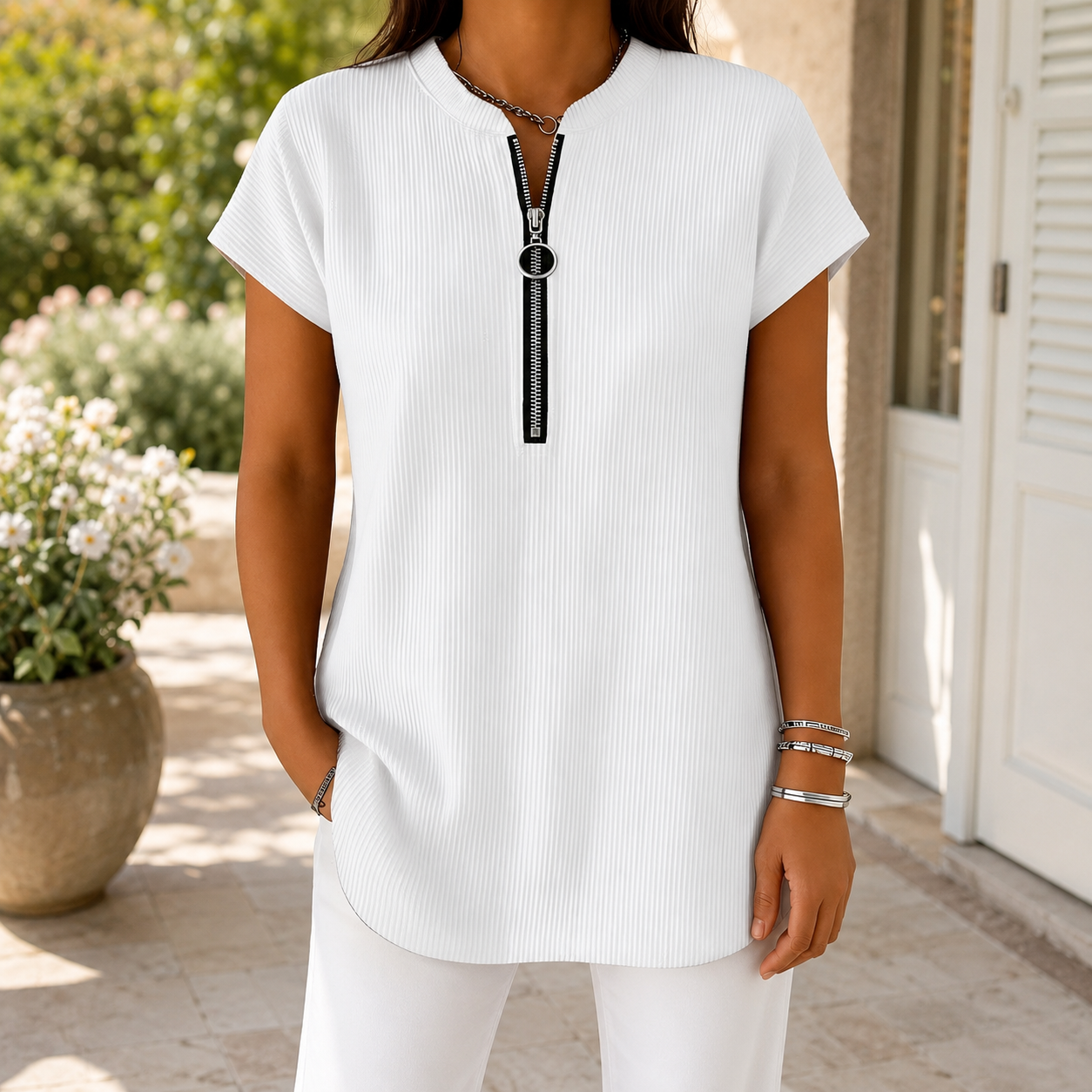 ✨ Rippstrukturiertes Kurzarmshirt mit Ring-Reißverschluss – lässig, modern und wunderbar vielseitig