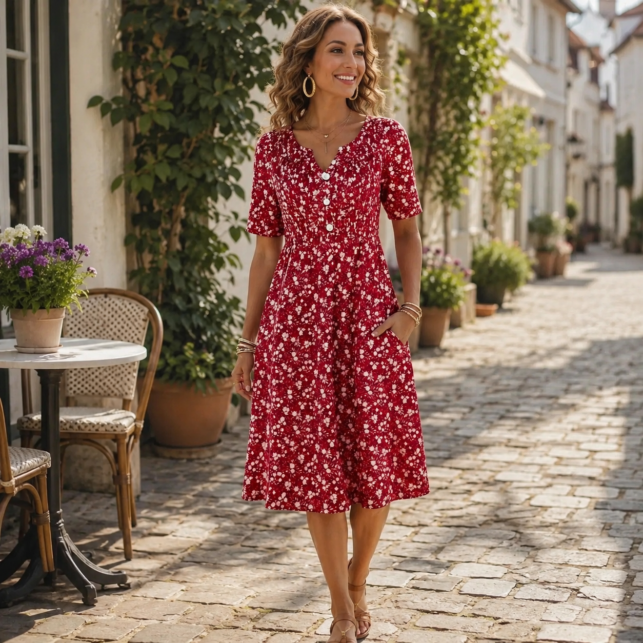 🌸 Feminines V-Ausschnitt-Midikleid mit Knopfdetails, betonter Taille & schwingendem Rock ✨👗