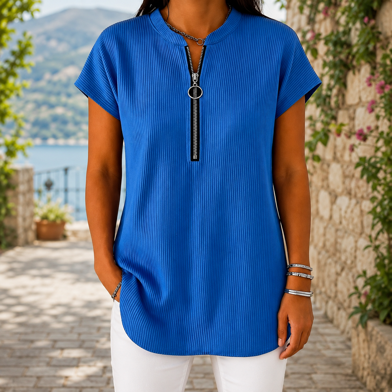 ✨ Rippstrukturiertes Kurzarmshirt mit Ring-Reißverschluss – lässig, modern und wunderbar vielseitig
