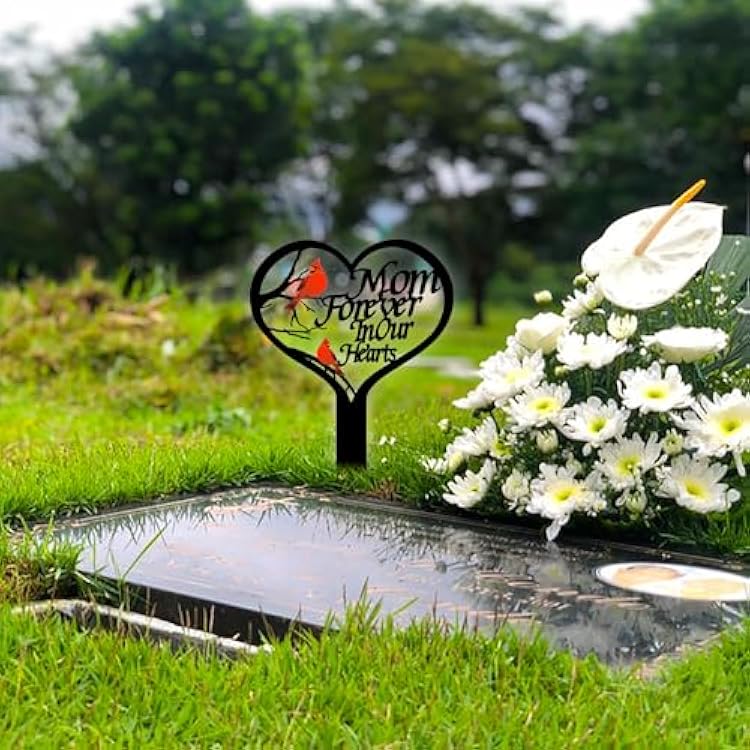 ❤Memorial Grave Markers For Cemetery, Heart Memorial Plaque Stake Cardinals Garden Stake Memorial Metal Grave Stake Decoration For Mom Dad Cemetery Outdoors Yard Garden