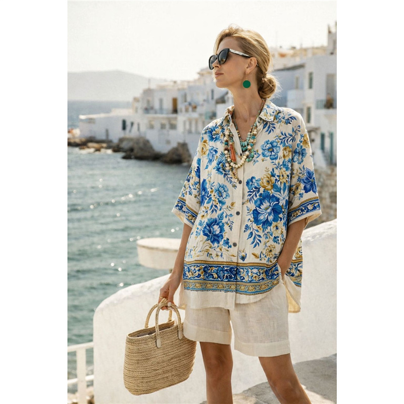 Ensemble chemise et short pour femme en coton et lin