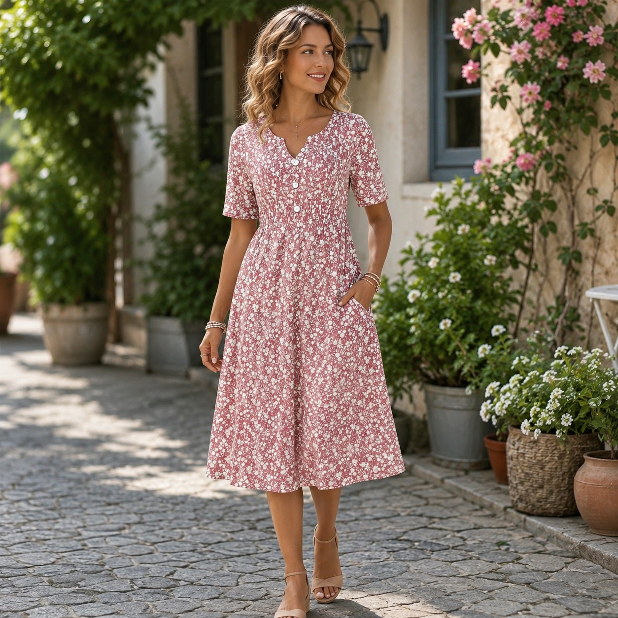 🌸 Feminines V-Ausschnitt-Midikleid mit Knopfdetails, betonter Taille & schwingendem Rock ✨👗