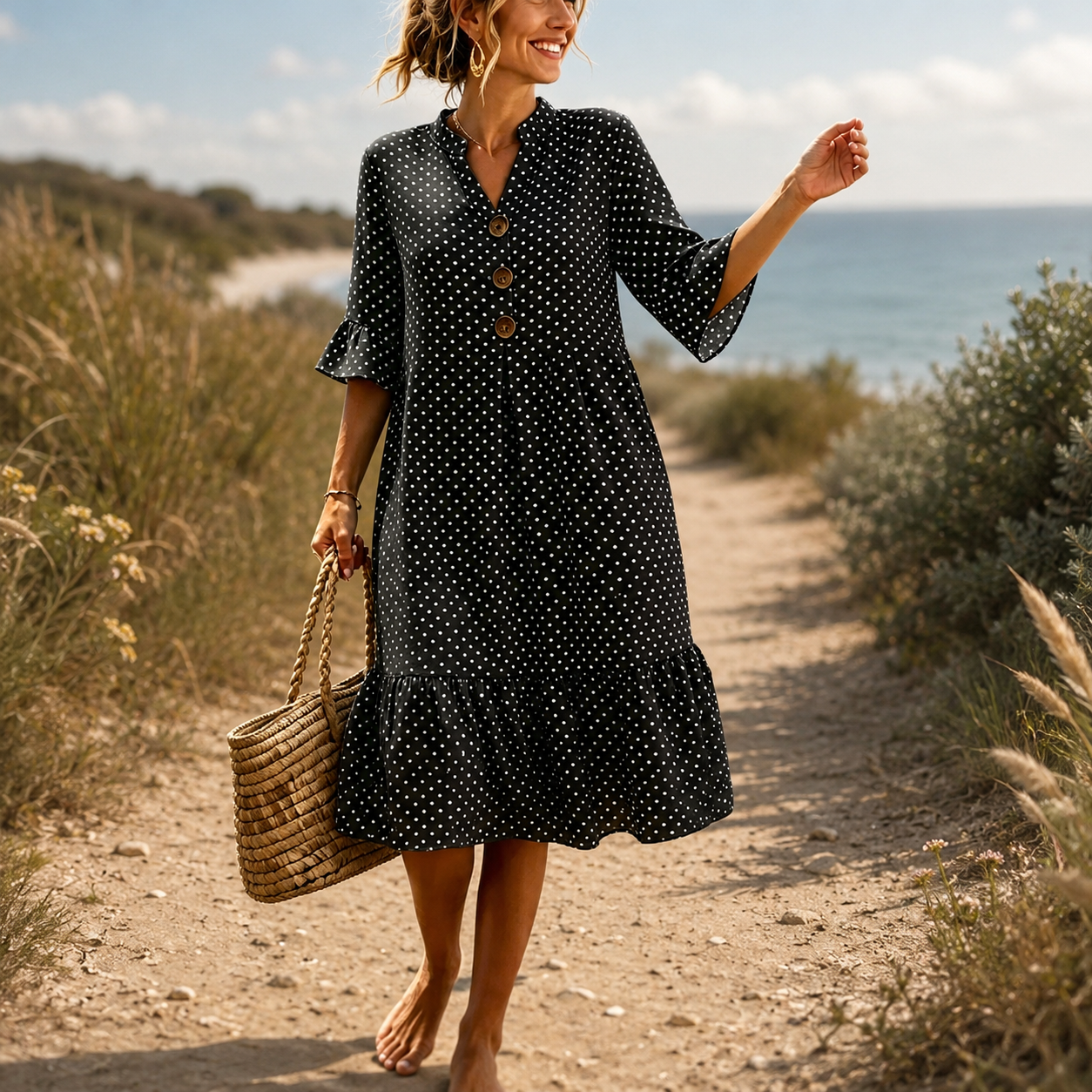 🌿 Gepunktetes Volantkleid für sonnige Tage – locker geschnitten, feminin und angenehm leicht