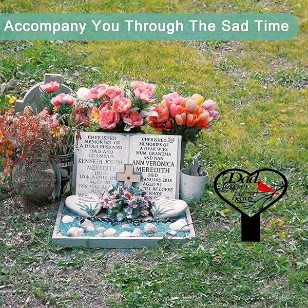 ❤Memorial Grave Markers For Cemetery, Heart Memorial Plaque Stake Cardinals Garden Stake Memorial Metal Grave Stake Decoration For Mom Dad Cemetery Outdoors Yard Garden