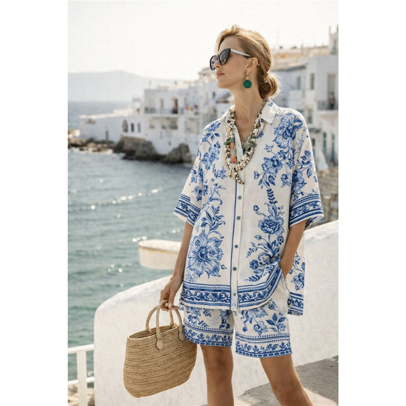 Ensemble chemise et short pour femme en coton et lin