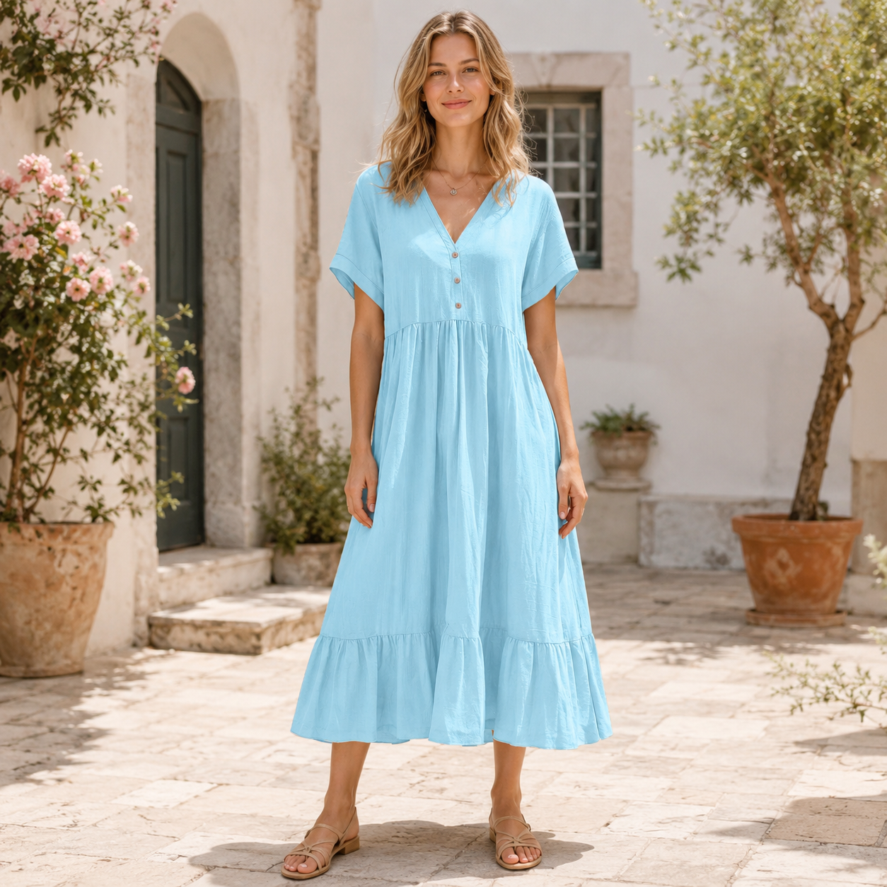 🌿 Luftiges V-Ausschnitt-Kleid mit Knopfleiste & schwingendem Volantsaum ✨