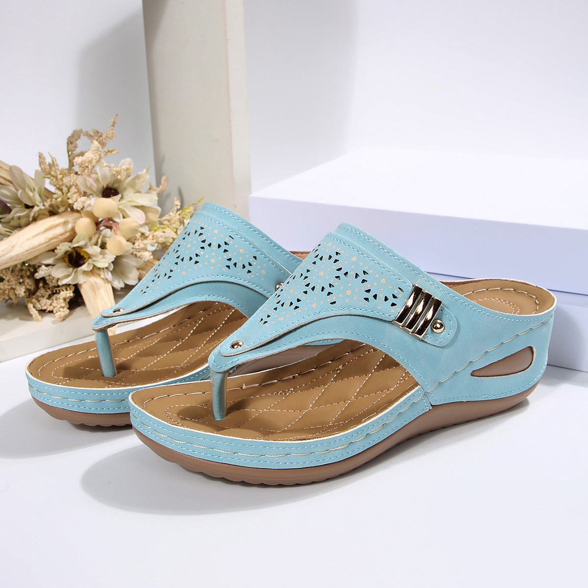 Sandales compensées pour femmes avec soutien de la voûte plantaire, style vintage, largeur large