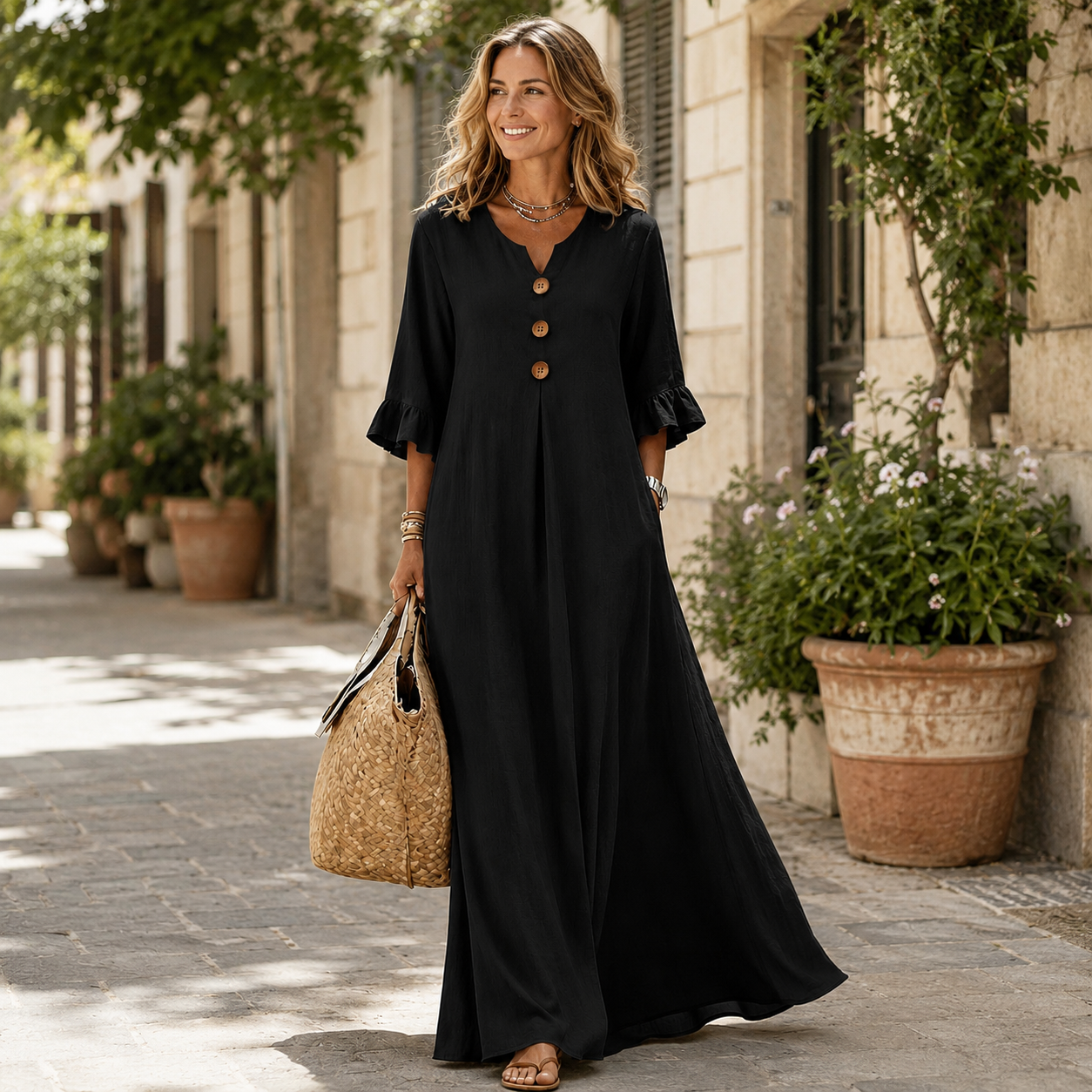 🌿 Leicht durch den Tag – Elegantes A-Linien-Maxikleid mit Volantärmeln