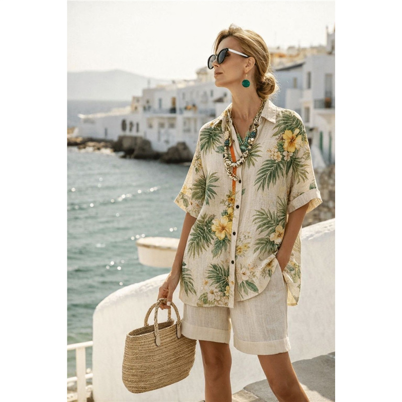 Ensemble chemise et short pour femme en coton et lin