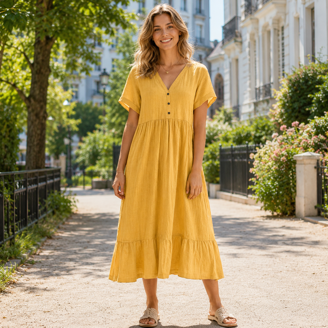 🌿 Luftiges V-Ausschnitt-Kleid mit Knopfleiste & schwingendem Volantsaum ✨