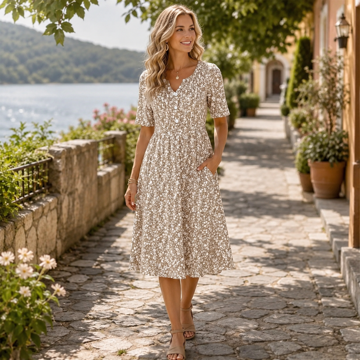 🌸 Feminines V-Ausschnitt-Midikleid mit Knopfdetails, betonter Taille & schwingendem Rock ✨👗