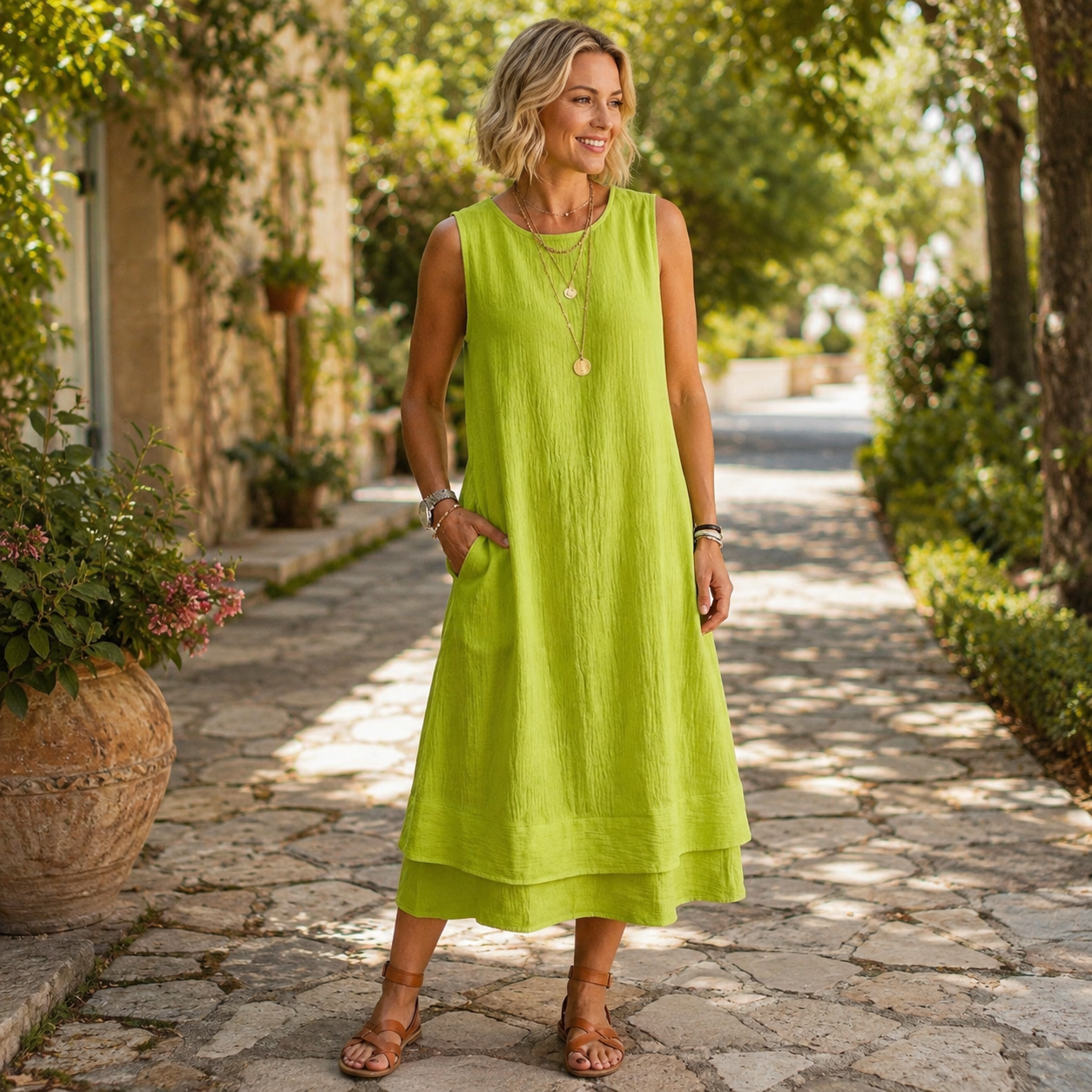 ☀️ Leicht durch den Sommer – Luftiges Midikleid mit Taschen & fließender Lagenoptik