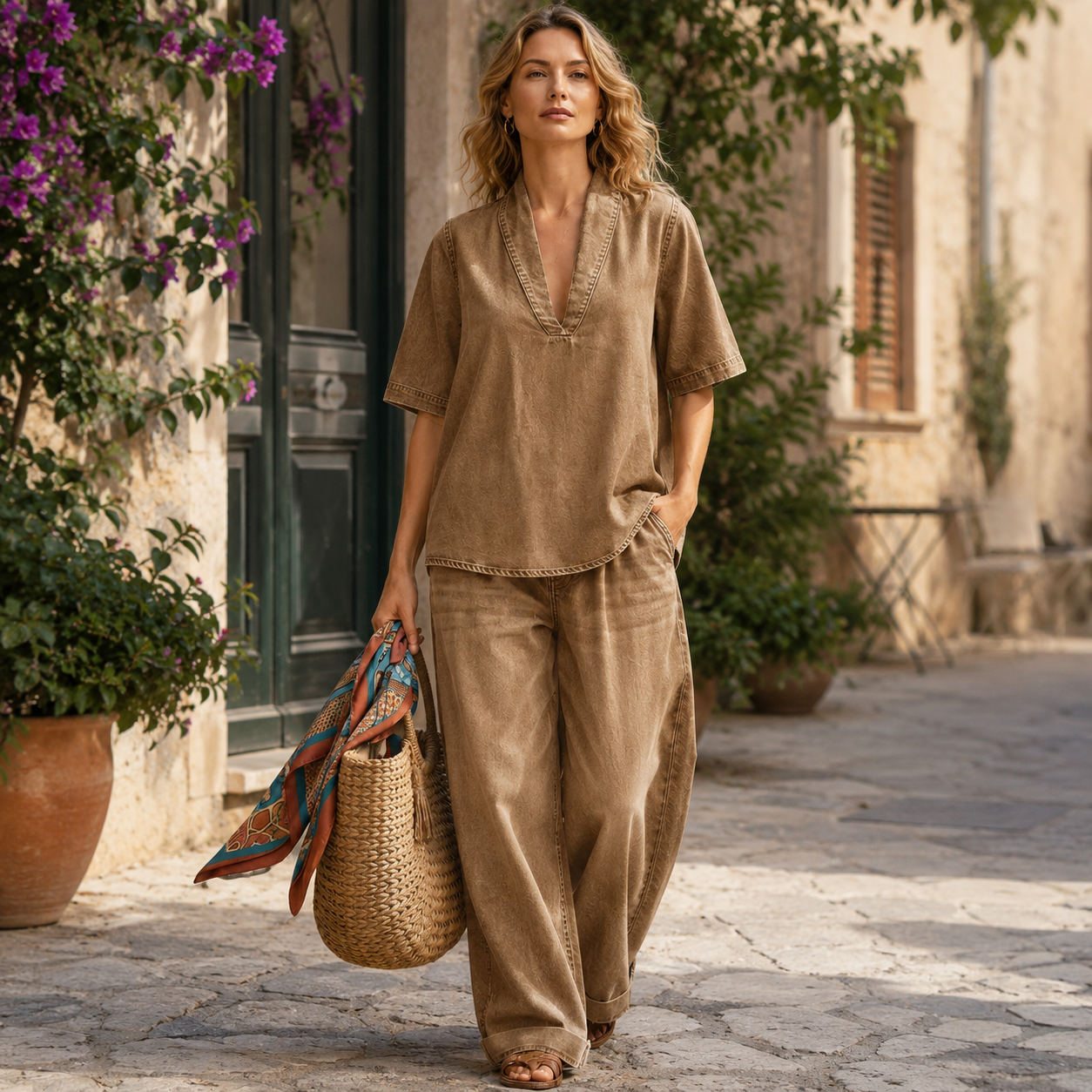 ✨ Elegantes zweiteiliges Damen-Set mit V-Ausschnitt, Kurzarm, weitem Hosenbein & praktischen Taschen – locker, stilvoll und bequem 💙 -70 % Angebot