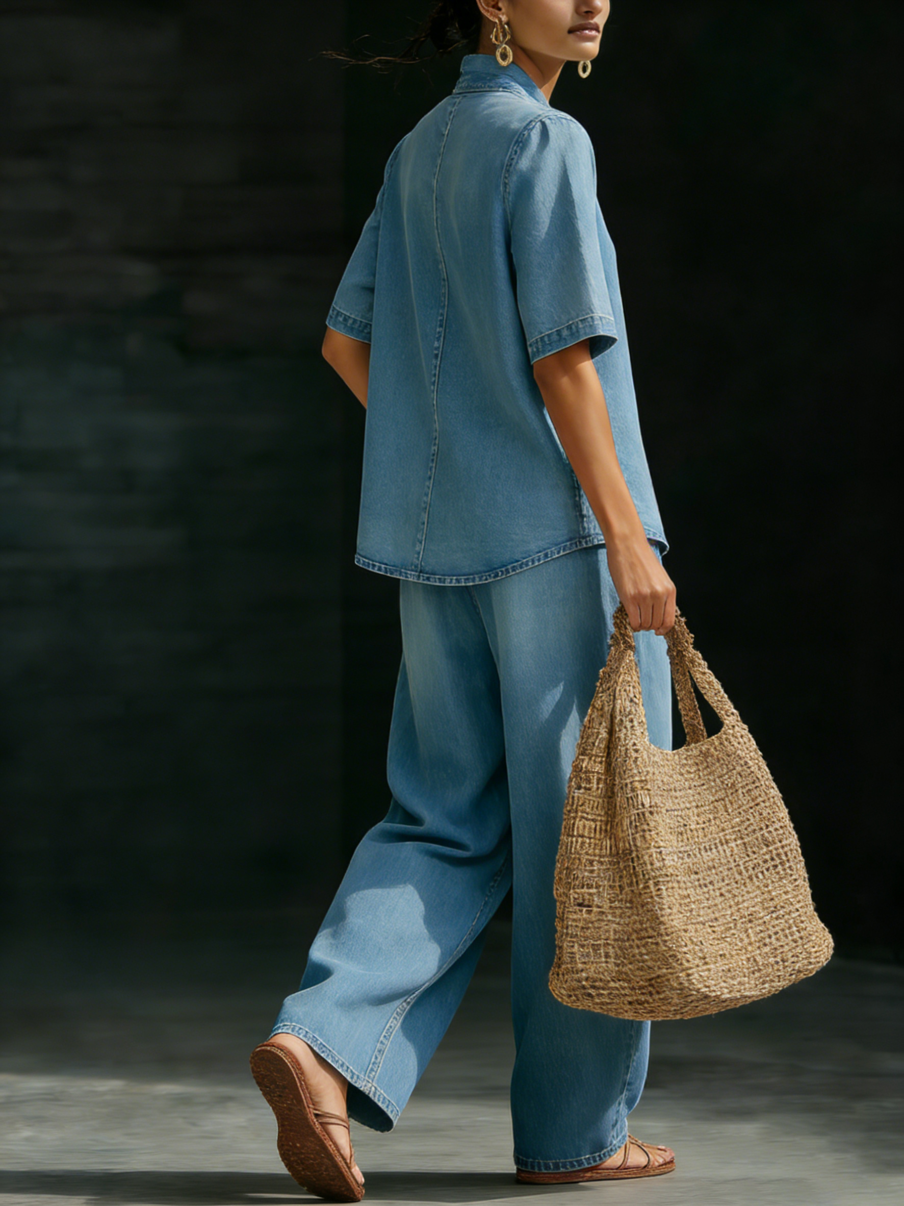 Minimalistisches, gemütliches Set mit kurzärmligem Oberteil und weit geschnittenen Denim-Jeans