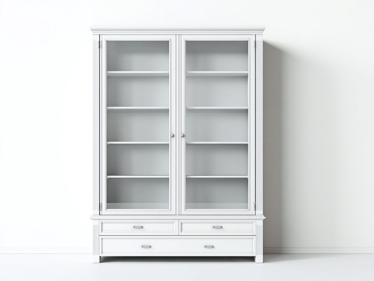 Vitrinas madera y vidrio 120x45x200 cm blanco almacenaje clásico con puertas y cajones-Altozidecor