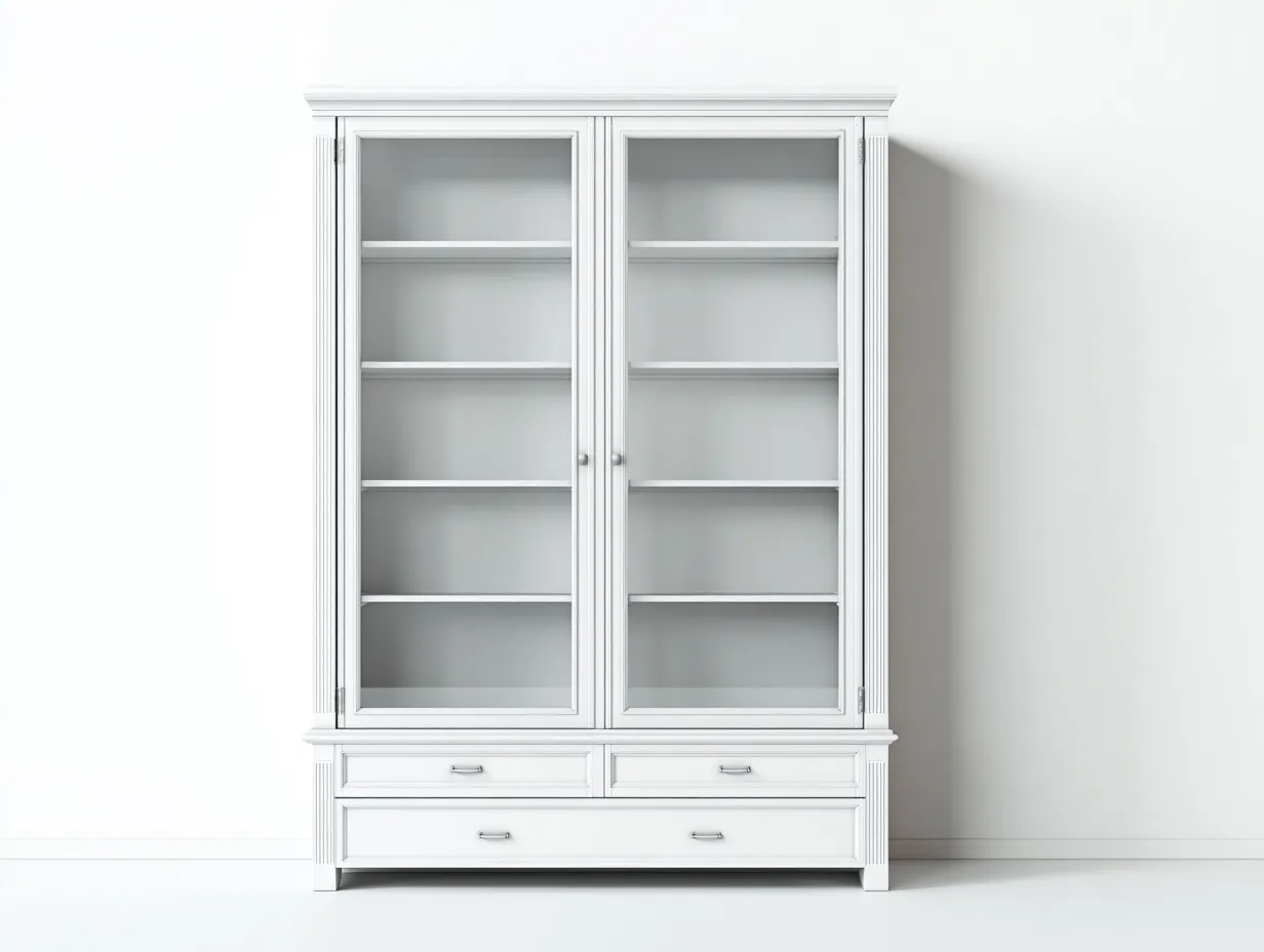 Vitrinas madera y vidrio 120x45x200 cm blanco almacenaje clásico con puertas y cajones-Altozidecor