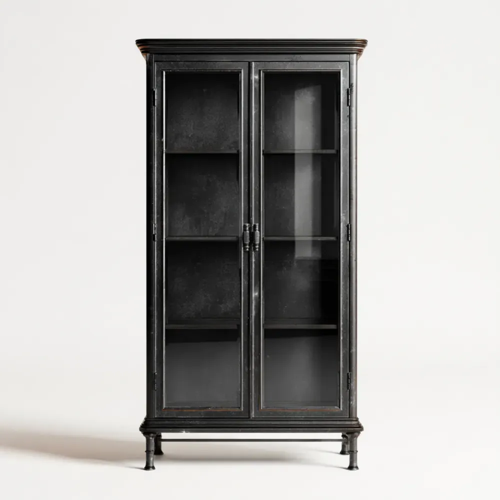 Schwarzer Metall-Vitrinenschrank mit Glasdoppeltüren