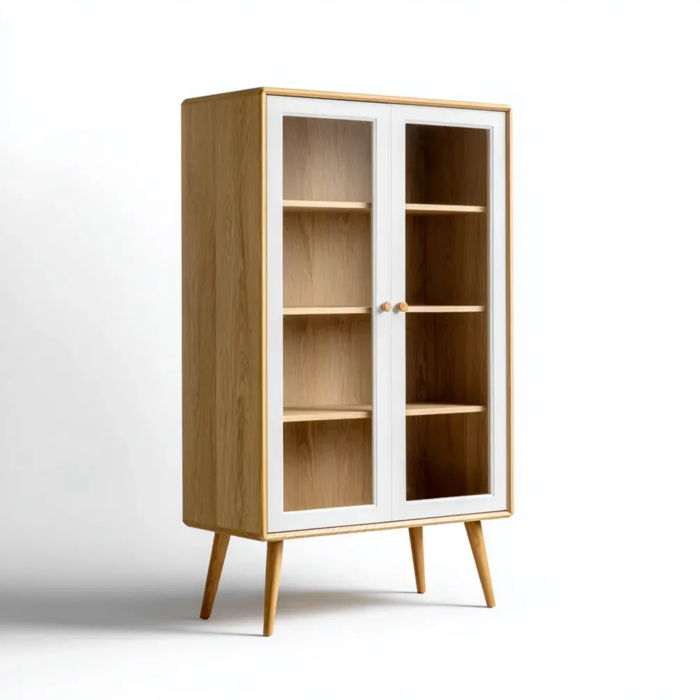 Holz Bücherregal mit Glastüren 180x80x40 cm – Weiß/Eiche