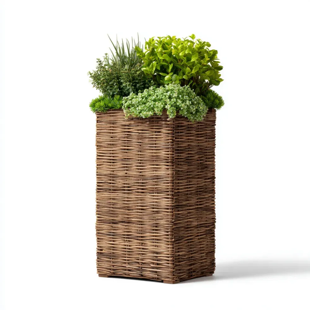 Pflanzkübel aus Weidengeflecht mit Kunstpflanzen - Braun