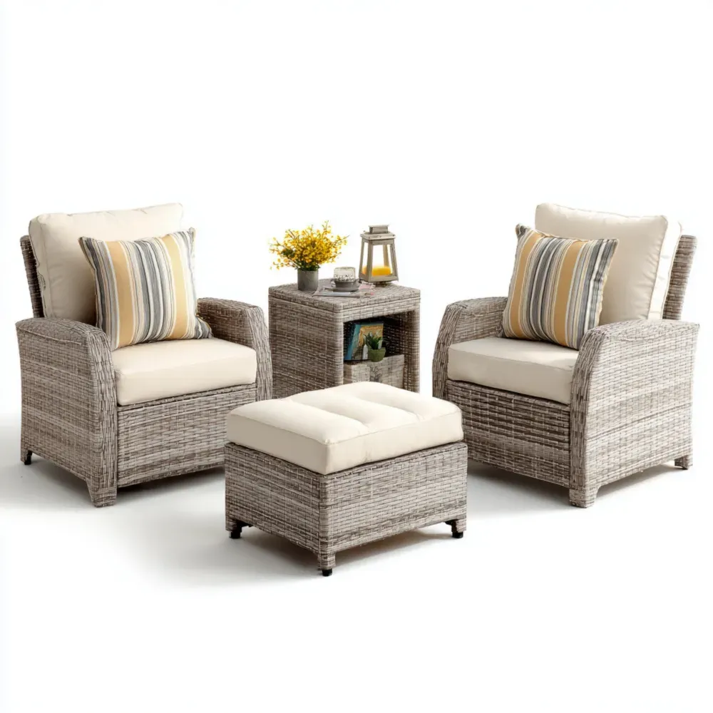 Polyrattan Gartenmöbel-Set mit Kissen in Beige/Grau