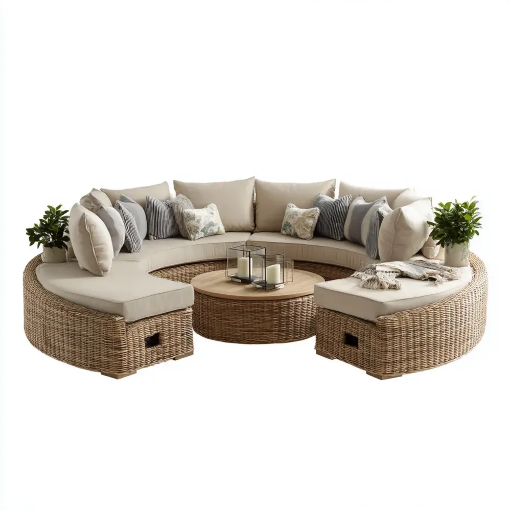 Outdoor Rattan Lounge-Set Rund Polyrattan Beige