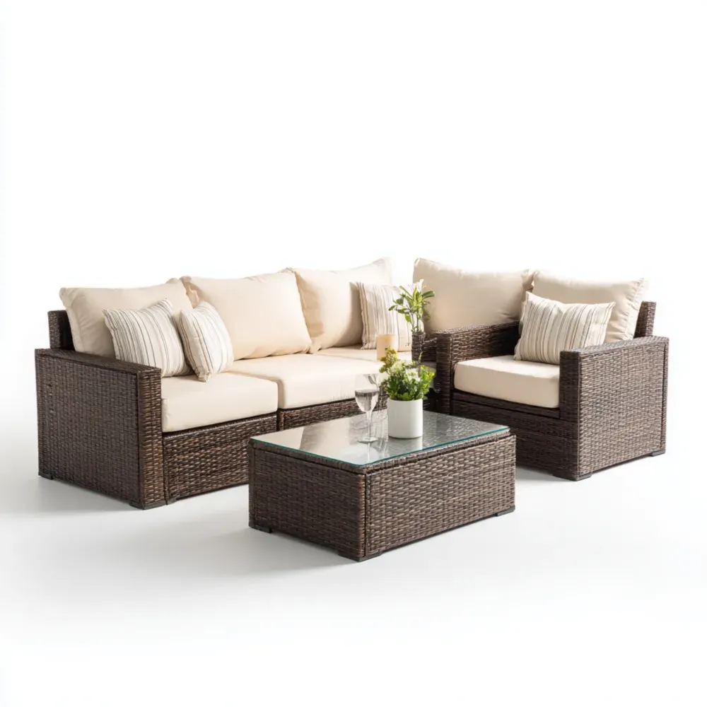 4-teiliges Gartenmöbelset aus Rattan mit Sicherheitsglas-Tischplatte – Braun/Beige