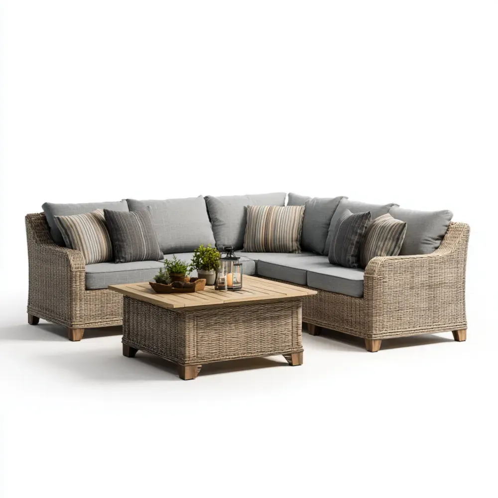 Rattan-Gartenmöbel-Set Ecksofa mit Tisch - Grau