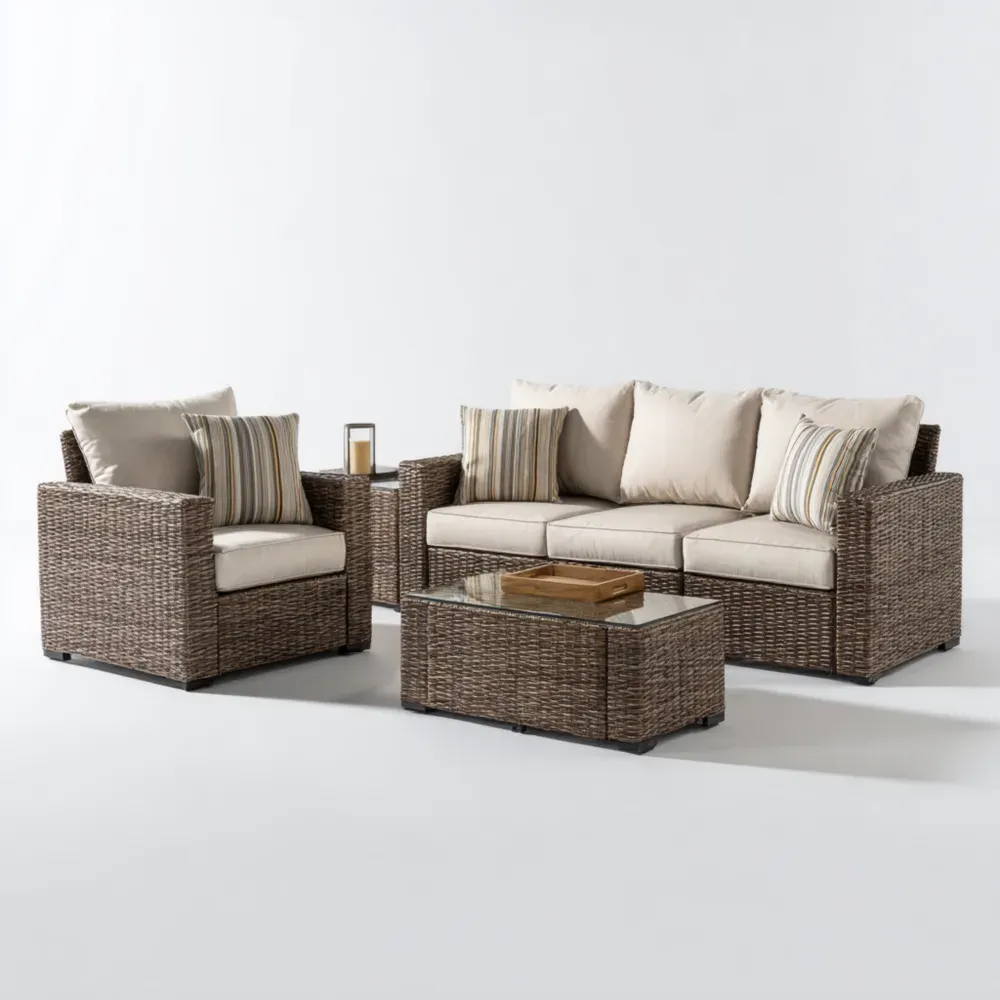 Gartenmöbel-Set Polyrattan Cremefarben mit Glas