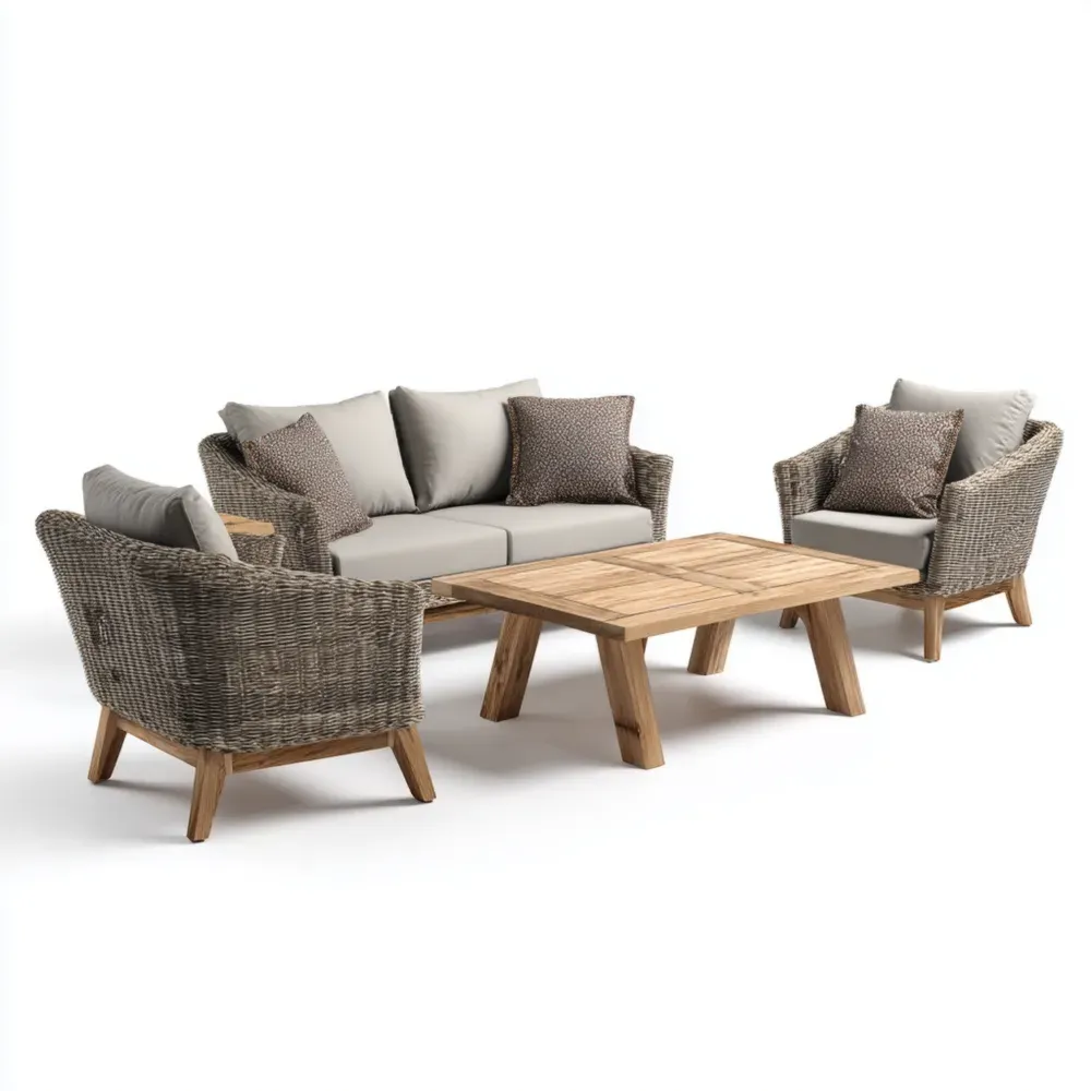 Gartenmöbelset aus Rattan und Holz mit Stoffbezug, Beige