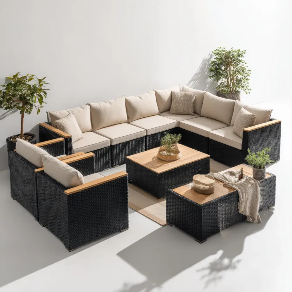 Modulares Gartenmöbel-Set aus Rattan und Teakholz - Schwarz/Beige