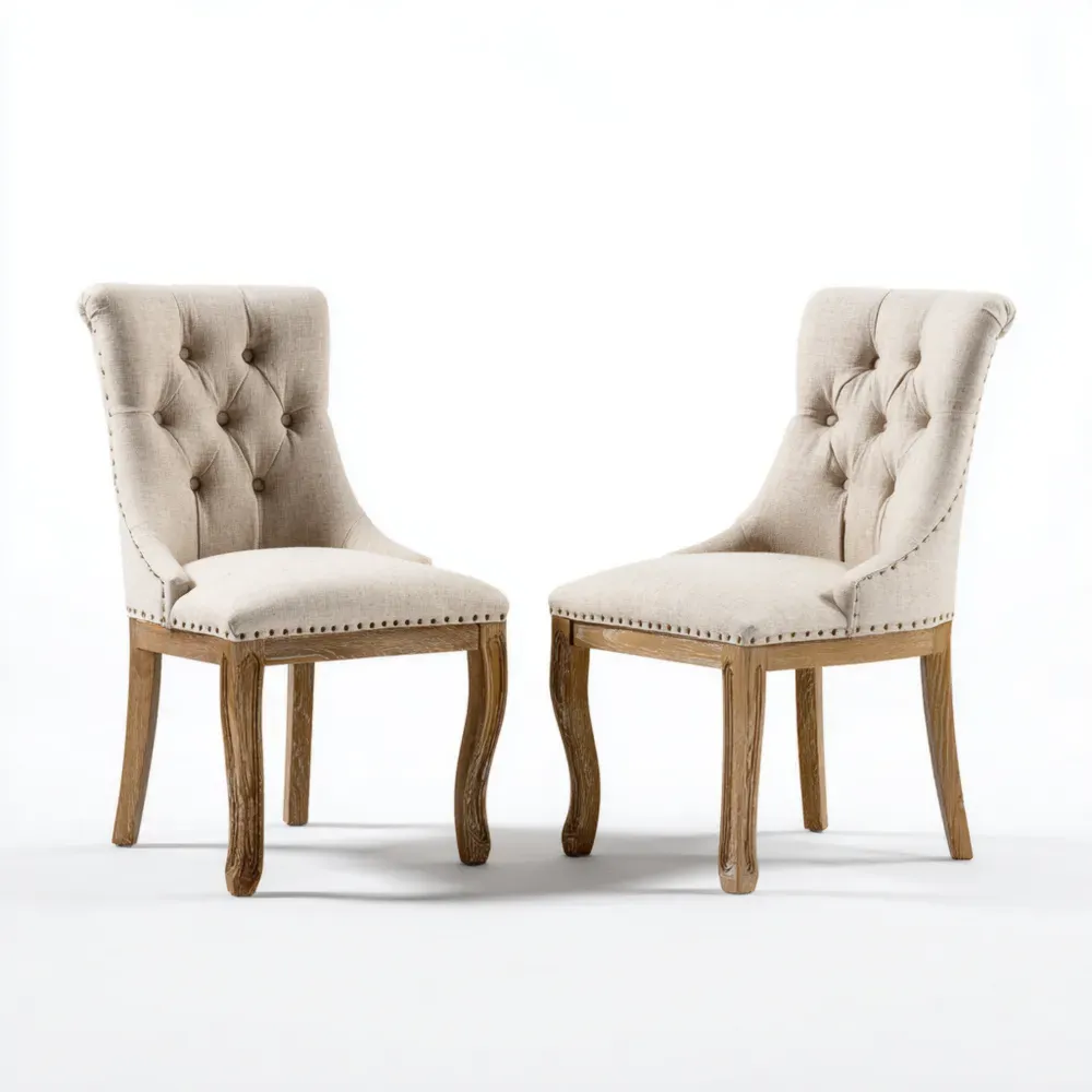 2er-Set Esszimmerstühle - Holzrahmen mit Stoffpolsterung - Creme