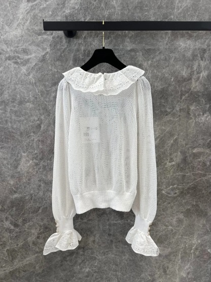 CHANE25SS Cutout Mesh Lace Neck Top