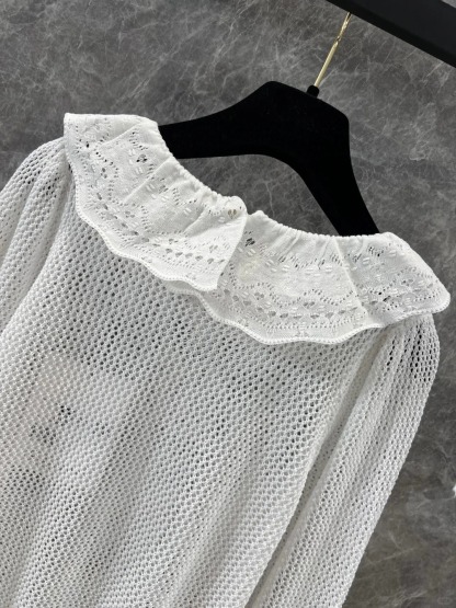 CHANE25SS Cutout Mesh Lace Neck Top