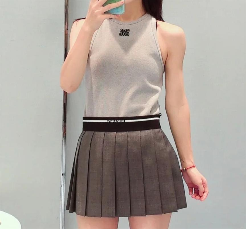 MIU Threaded Woven Letter Logo High Waisted Pleated Skirt