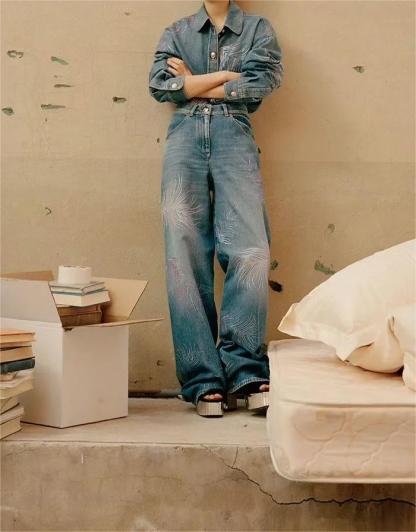 CHANE rhinestone feather jeans