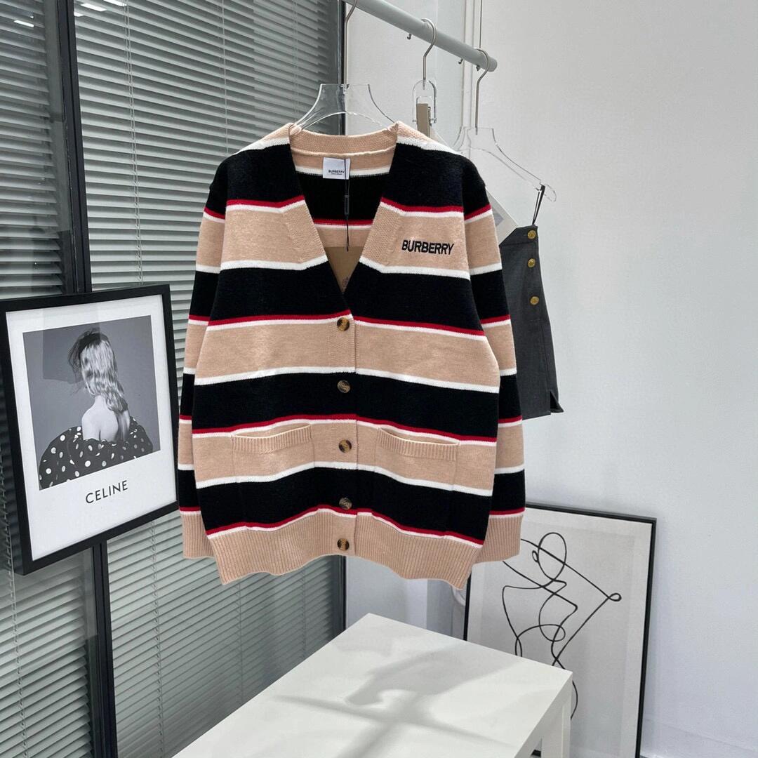 BUR New Striped Wool-Blend Ribbed Cardigan