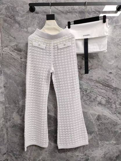 CC 26SS  Vacation style white hollow knitted pants